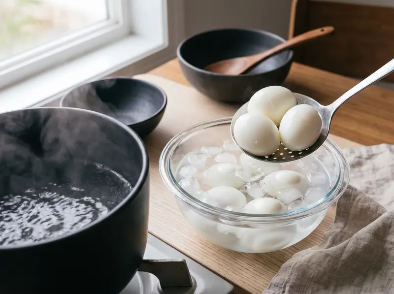 Ajitama: soft-boiled eggs lifted with a slotted spoon from the boiling pot into a glass bowl of ice water