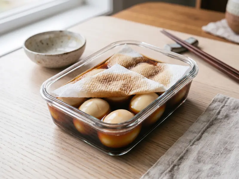 Ajitama marinating: peeled eggs under soy and mirin marinade in a glass container, a soaked paper towel on top