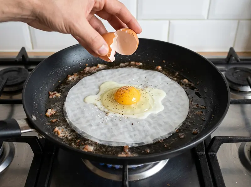 Wrap di carta di riso con bacon e uovo: un uovo rotto sulla carta di riso in padella con grasso di bacon