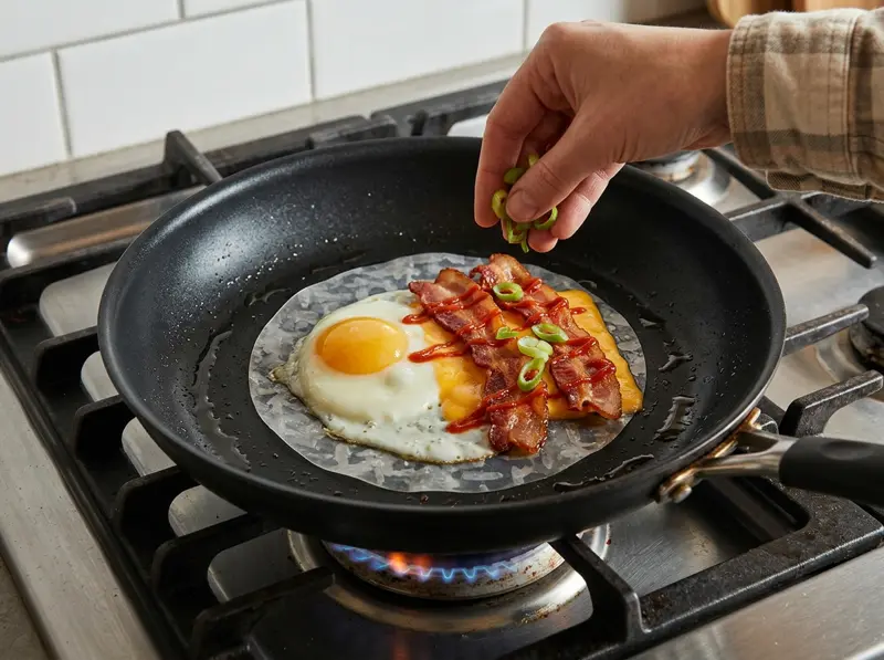 Wrap di carta di riso con bacon e uovo: formaggio, bacon, sriracha accanto all'uovo rappreso, una mano aggiunge cipollotto