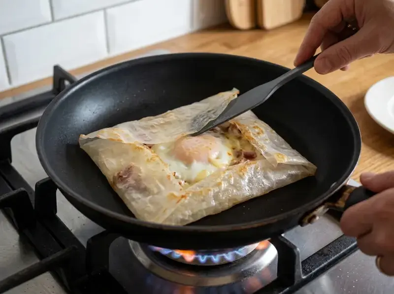 Wrap di carta di riso con bacon e uovo: una spatola piega a busta la carta traslucida in padella