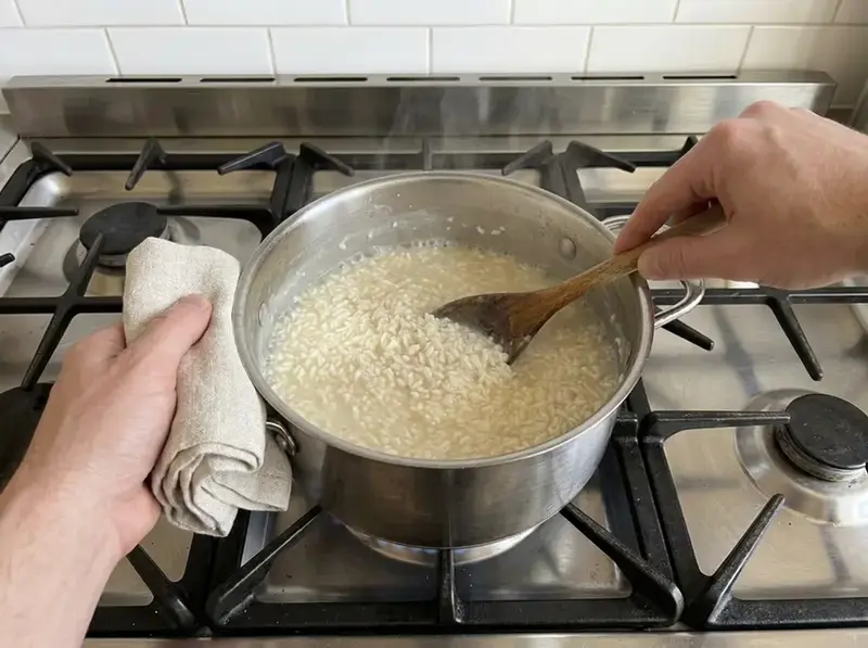 Rice pudding: loose milky rice simmers in a steel pot on a gas stove, a wooden spoon stirs it