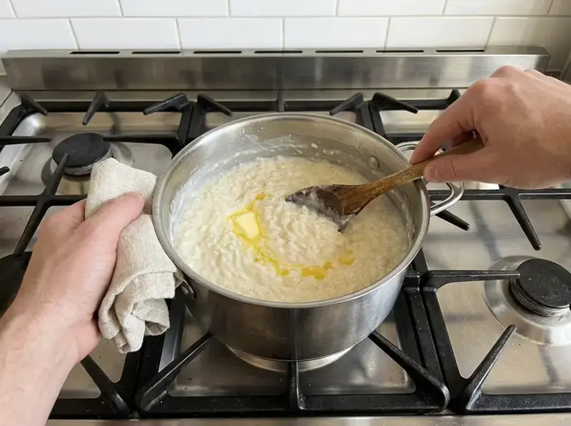 Rice pudding: a wooden spoon stirs a knob of butter melting into thick creamy rice in a steel pot, one hand on the handle