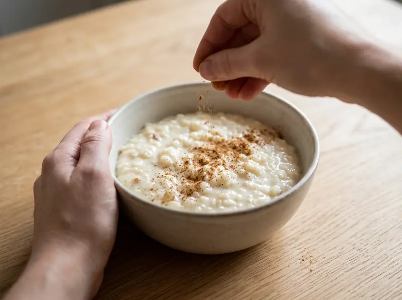 Rice pudding: fingers dust ground cinnamon over a bowl of creamy rice pudding on an oak table