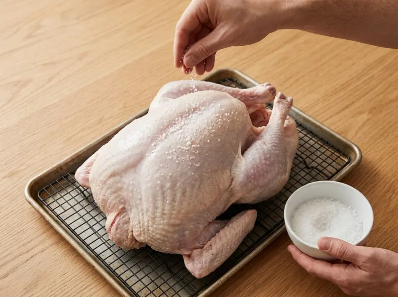 Sal gruesa espolvoreada desde arriba sobre un pavo entero crudo en una rejilla, salmuera seca antes de asarlo