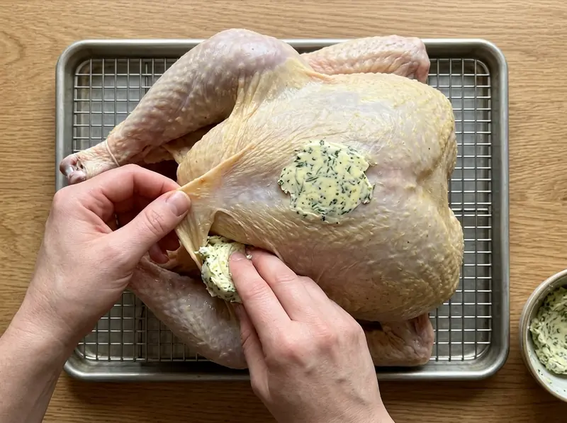 Mantequilla de hierbas introducida con la mano bajo la piel suelta de la pechuga de un pavo crudo sobre una rejilla