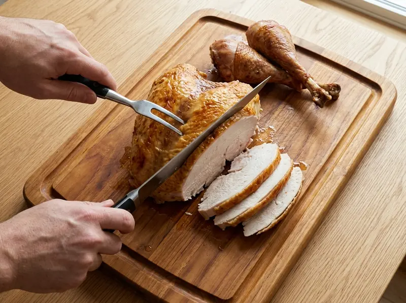 Roast turkey breast carved into even slices with a long knife and a carving fork, drumsticks set aside on the board