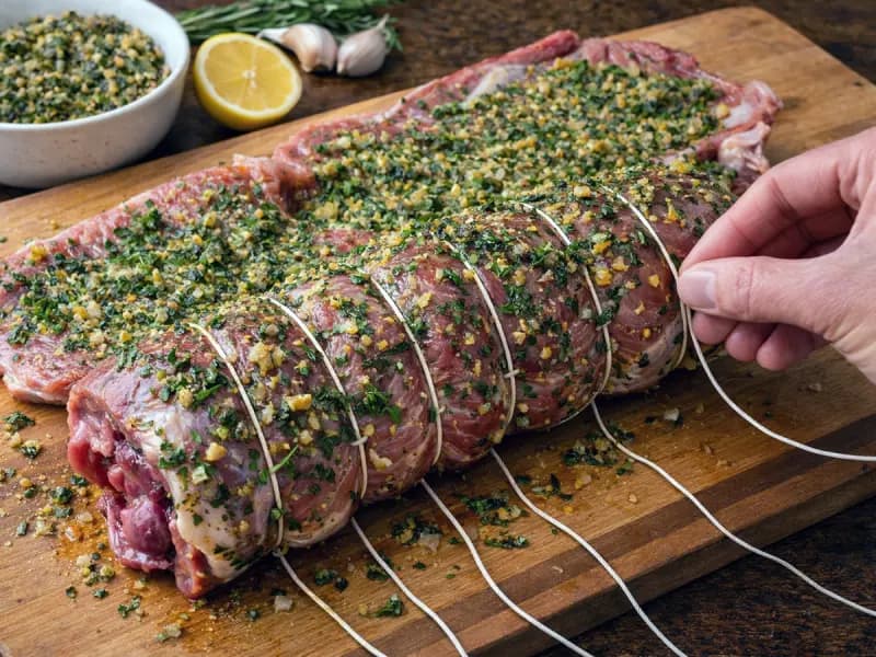 Meyer lemon herb paste rubbed over the boneless leg of lamb before marinating