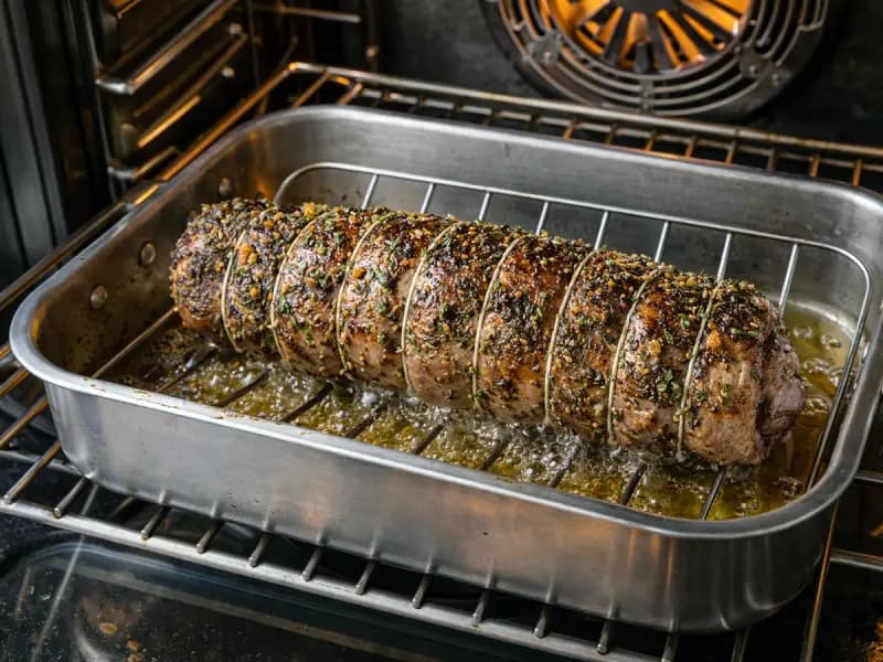 Leg of lamb browned at high heat on a rack over white wine in the pan