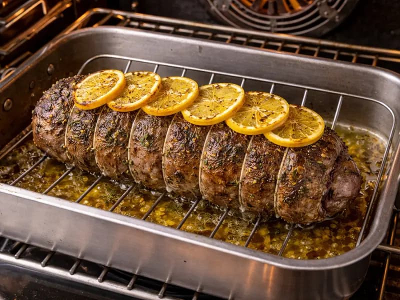 Lamb leg roasting at lower heat with a thermometer in the thickest part