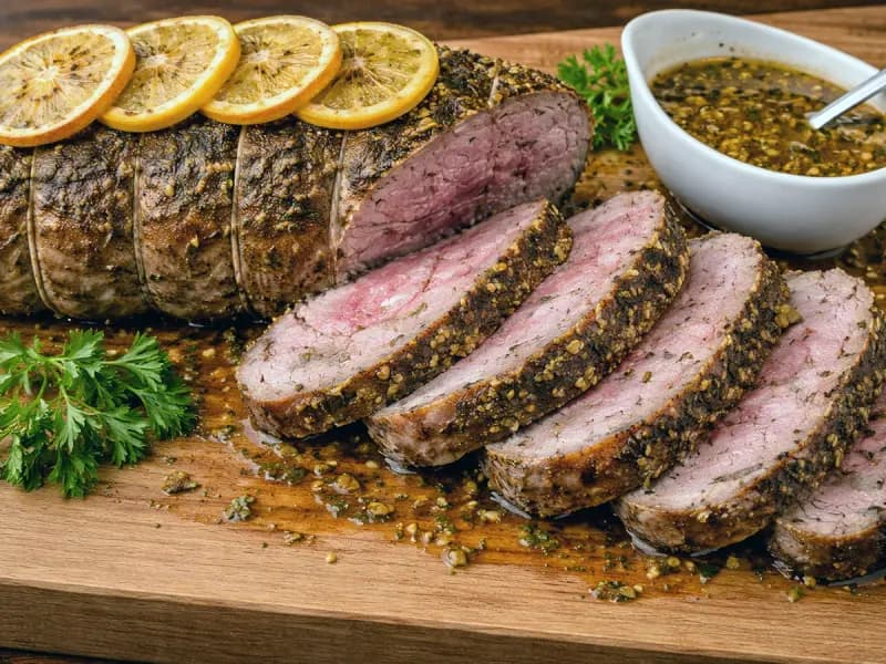 Carved pink slices of lamb with Meyer lemon pan sauce spooned over