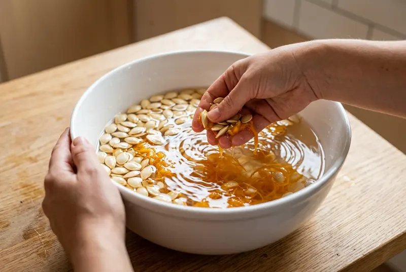 Roasted pumpkin seeds: seeds floating in a bowl of cold water while a hand rubs them free of orange pulp
