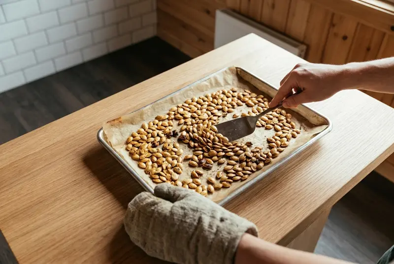 Roasted pumpkin seeds: golden seeds on a baking-paper-lined tray just out of the oven, stirred with a spatula