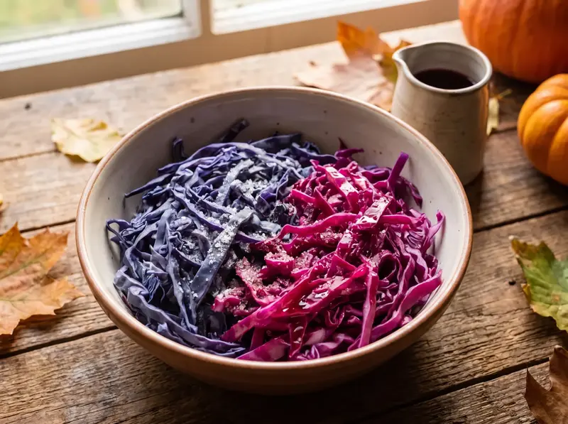 Shredded red cabbage half still blue-grey and half turned magenta where the vinegar has gone on