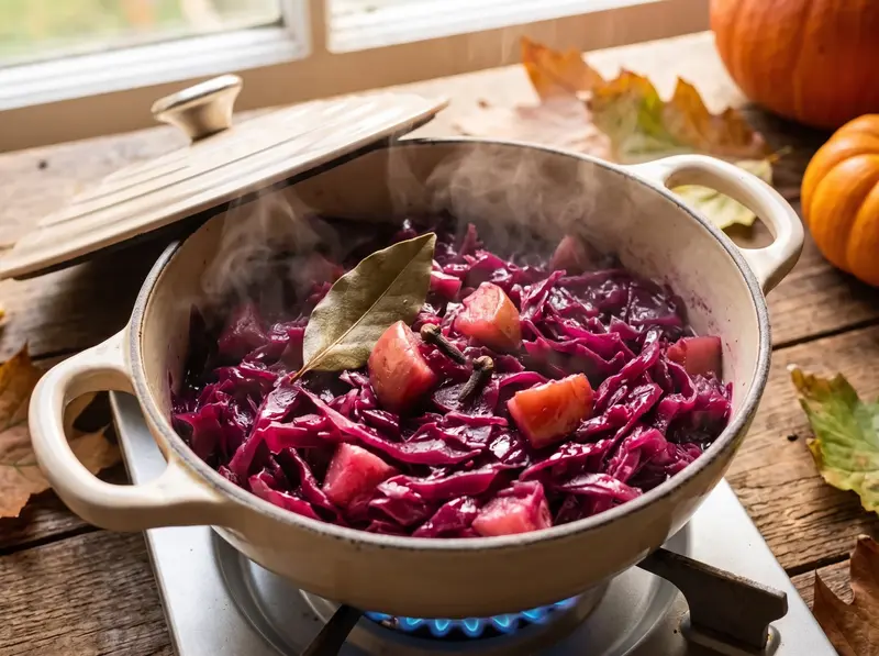 Braised red cabbage collapsed to half its volume in an enamelled pot, bay leaf and cloves on top