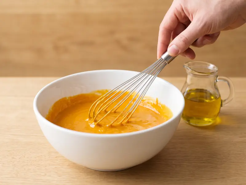 Rouille: salsa arancio zafferano montata fino a renderla liscia in una ciotola bianca, accanto una piccola brocca d'olio