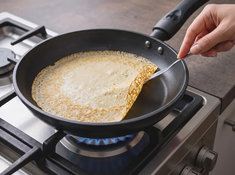 Crespella sottile per i blini di mele e ricotta che dora in padella, con il bordo a pizzo sollevato con una spatola