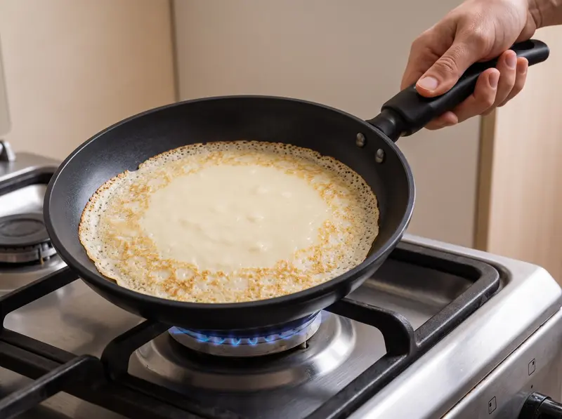 Pastella allungata con acqua bollente e la prima crespella sottile in padella
