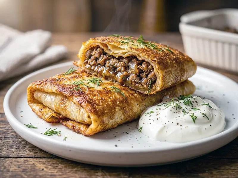 Russian Meat Blini with ground beef and pork, whole milk and plain flour — Russia recipe