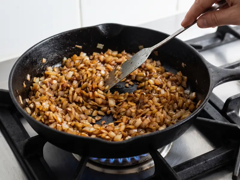 Cipolla dorata quasi caramellata per il ripieno dei blinchiki di carne