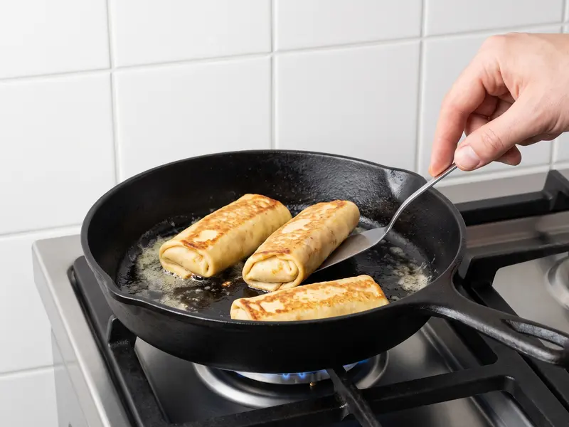Involtini di blinchiki di carne che friggono dorati e croccanti in padella, uno girato con una spatola sottile
