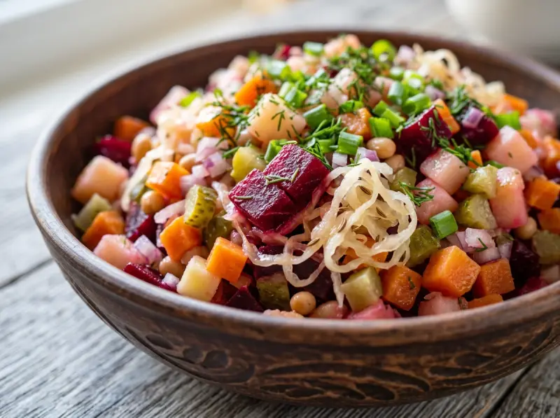Russian Vinegret Salad with beets, potato and carrot — Russia recipe