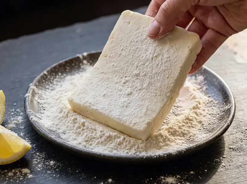 Spesso trancio di formaggio greco per il saganaki premuto nella farina, un lato già velato, la farina in eccesso via.