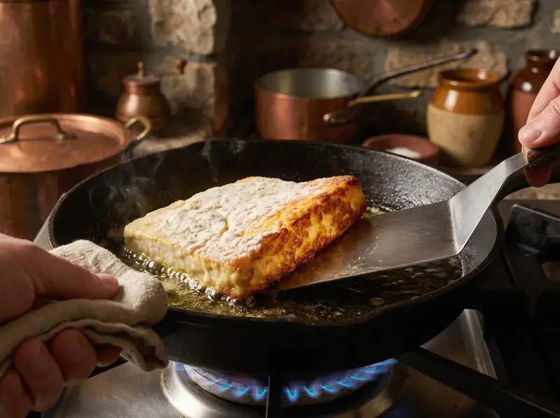Saganaki che frigge nell'olio d'oliva in un padellino di ghisa: la spatola solleva un angolo e mostra la crosta dorata.
