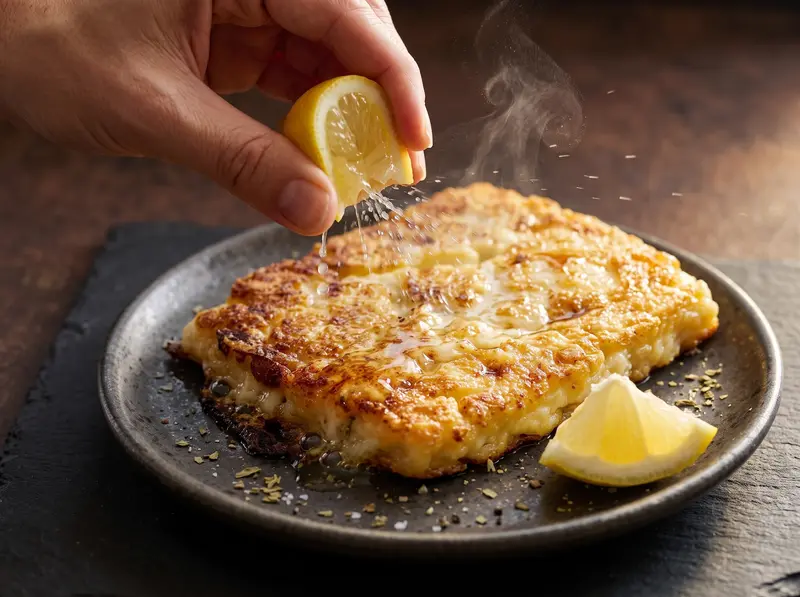 Mezzo limone spremuto sul saganaki caldo e dorato nel piatto di ceramica, con origano e un filo di miele.