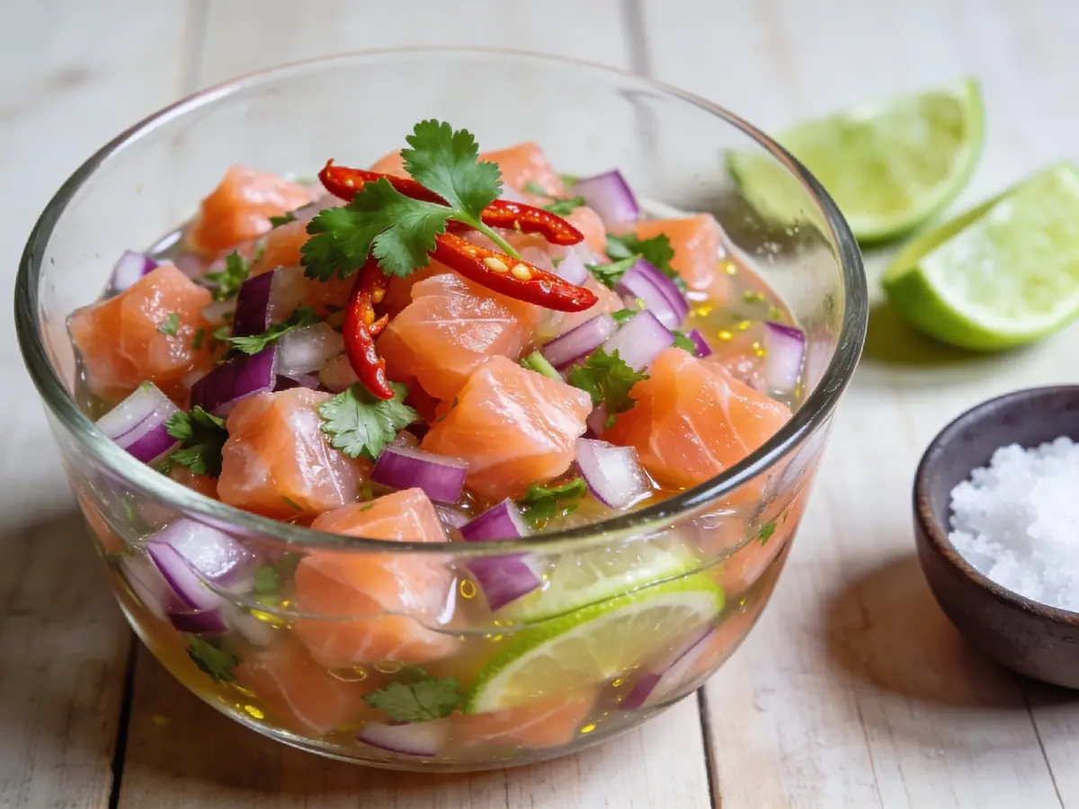Salmon Ceviche with avocado, chili pepper and cilantro — Peru recipe