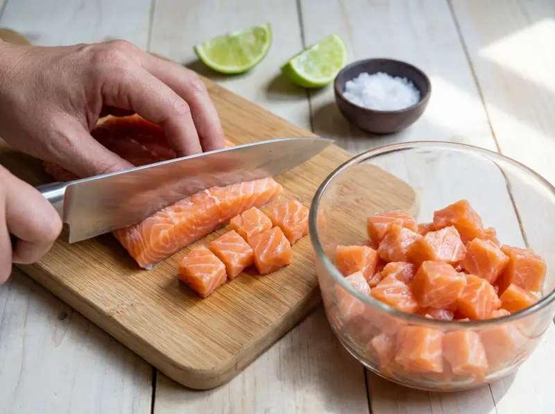 Dicing a skinless raw salmon fillet into even 1.5 cm cubes on a board for salmon ceviche