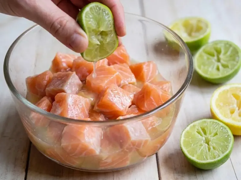 Squeezing lime over cubes of raw salmon marinating in citrus juice in a glass bowl