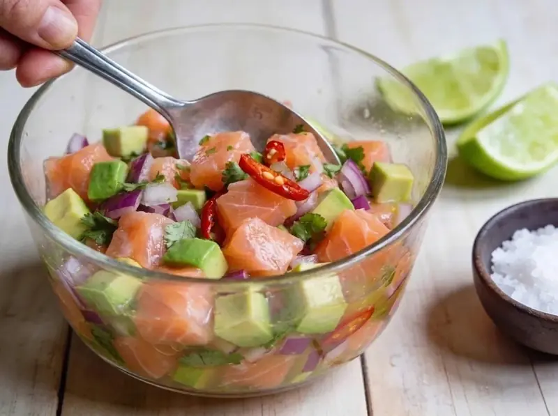 Folding lime-cured salmon with avocado, red onion, cilantro and chili in a glass bowl