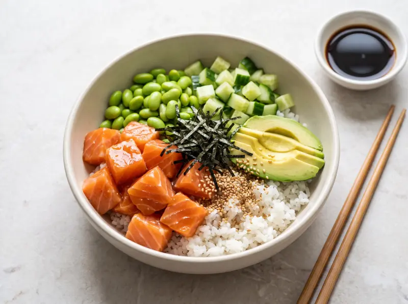 Salmon Poke Bowl with salmon, short grain rice and avocado — USA recipe