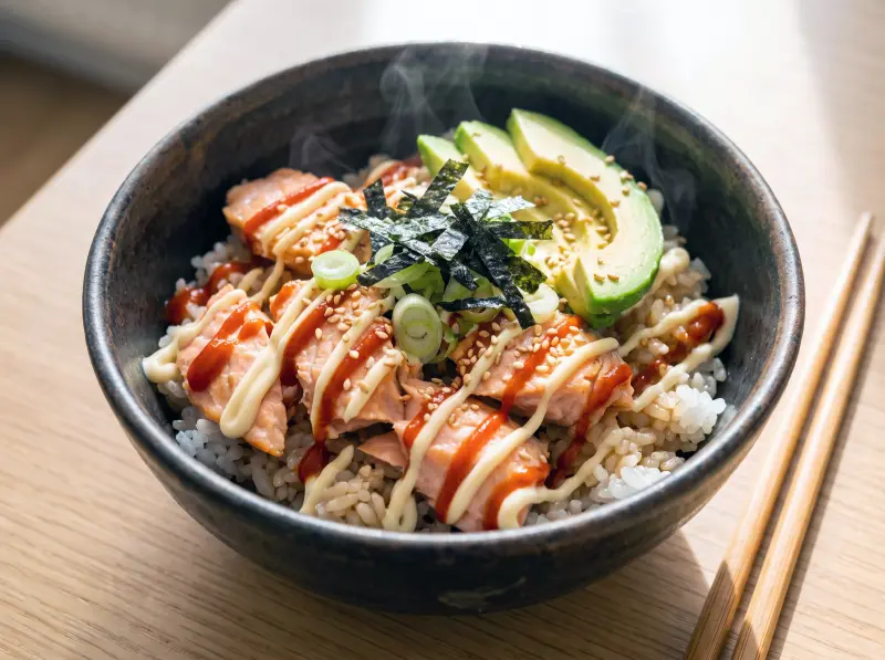 Salmon Rice Bowl with salmon, short grain rice and Kewpie mayonnaise — USA recipe