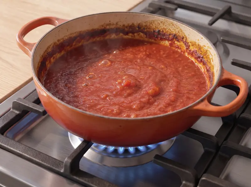 Salsa rossa: salsa di pomodoro a pezzetti che sobbolle senza coperchio in una pentola smaltata sul fornello a gas