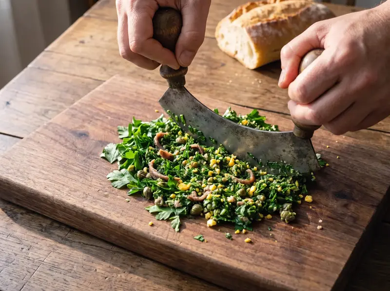 Salsa verde: la mezzaluna trita prezzemolo, acciughe, capperi, aglio e tuorlo sul tagliere