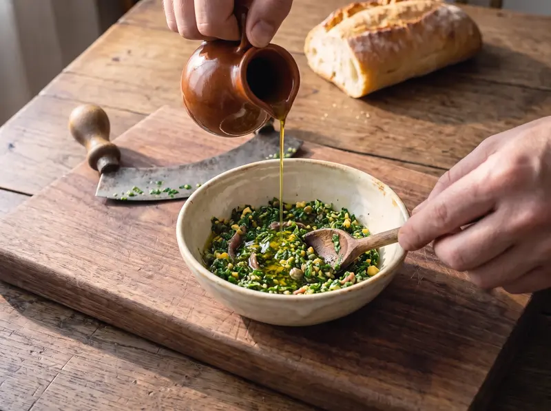Salsa verde: l'olio d'oliva scende a filo sul trito verde mentre si mescola col cucchiaio