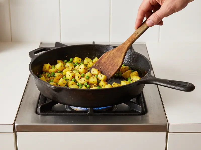 Ripieno di samosa di patate e piselli con peperoncino e cumino che cuoce in padella sul fornello a gas