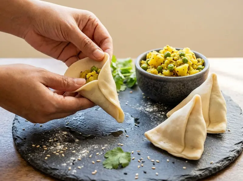 Mani che piegano la pasta sottile a cono e la riempiono, samosa crude modellate su una lavagna d'ardesia