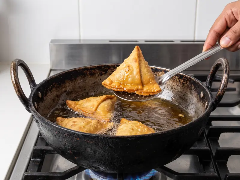 Samosa che friggono lentamente in olio abbondante in un kadai di ferro a fiamma bassa