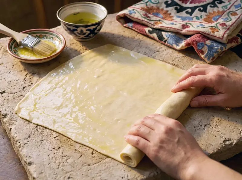 Sfoglia di pasta per samsa imburrata e arrotolata su un piano di pietra