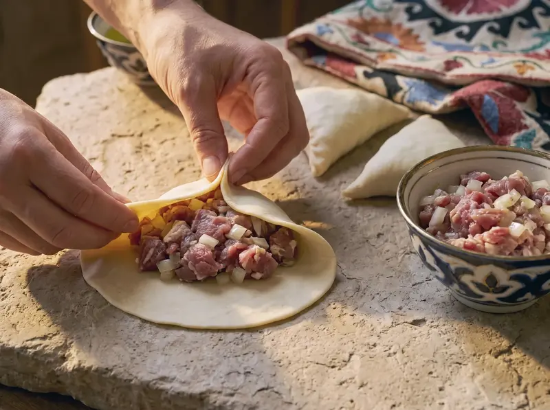 Pasta per samsa piegata a triangolo attorno al ripieno di agnello tritato
