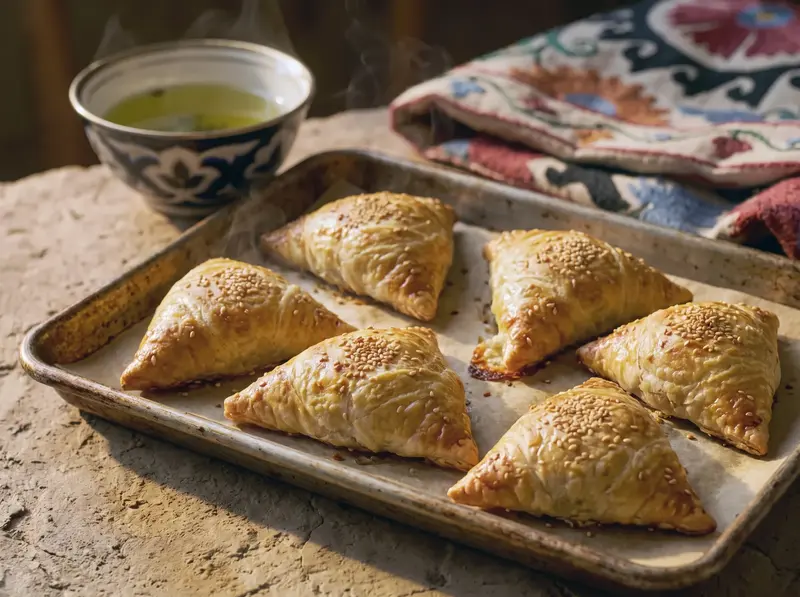 Samsa dorate al forno con semi di sesamo su una teglia con carta forno