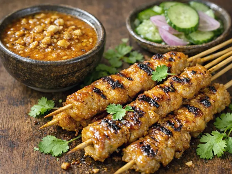 Thai Satay with Peanut Sauce with chicken thighs, lemongrass and turmeric — Thailand recipe