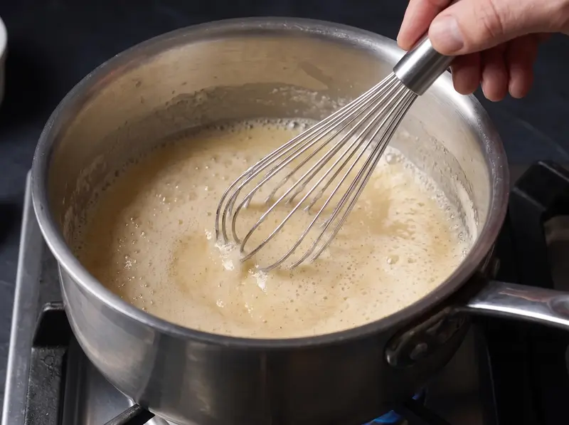 Blond roux of butter and flour foaming in a saucepan for sauce Mornay