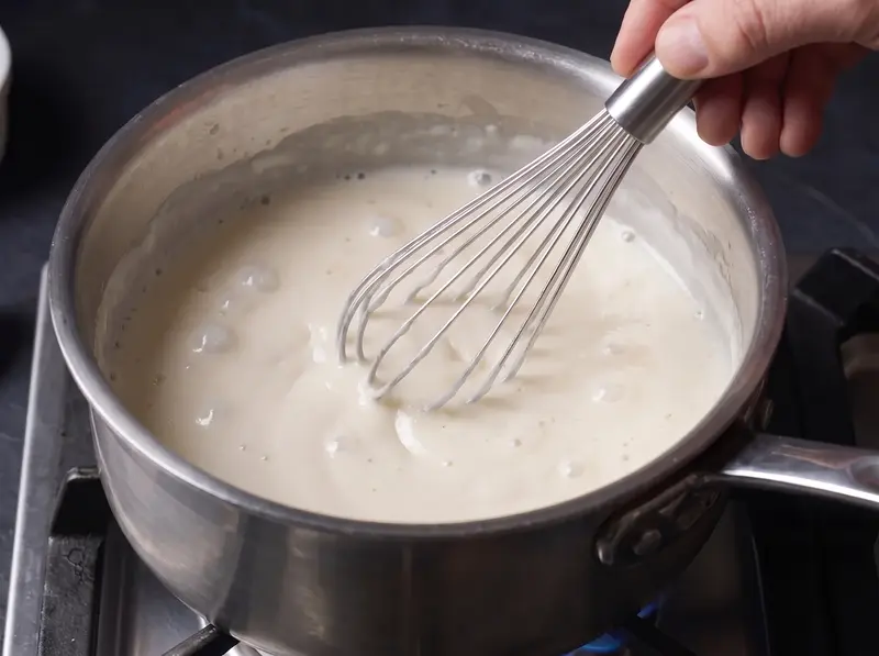 Bechamel whisked smooth and thick in a steel saucepan, the base for sauce Mornay