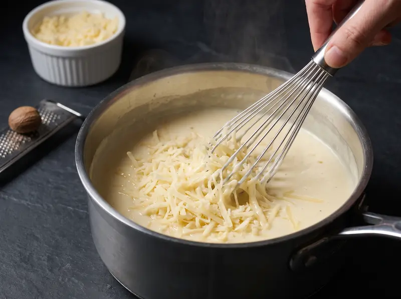 Grated Gruyere and Parmesan whisked into the bechamel off the heat