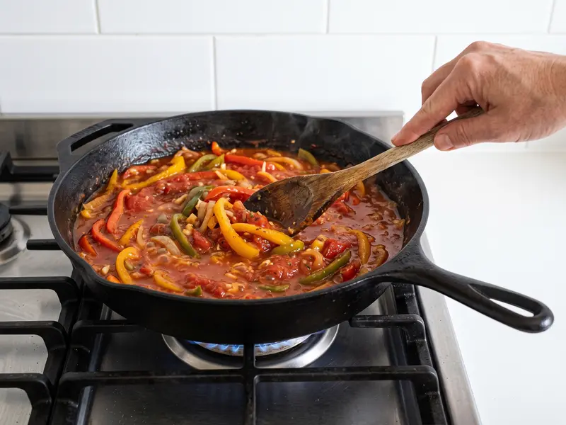 Crushed tomatoes, garlic and oregano stirred into the pepper mixture