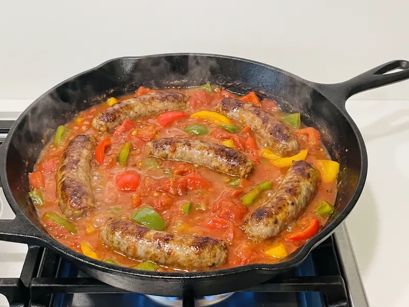 Sausages nestled back into the tomato and pepper sauce to simmer